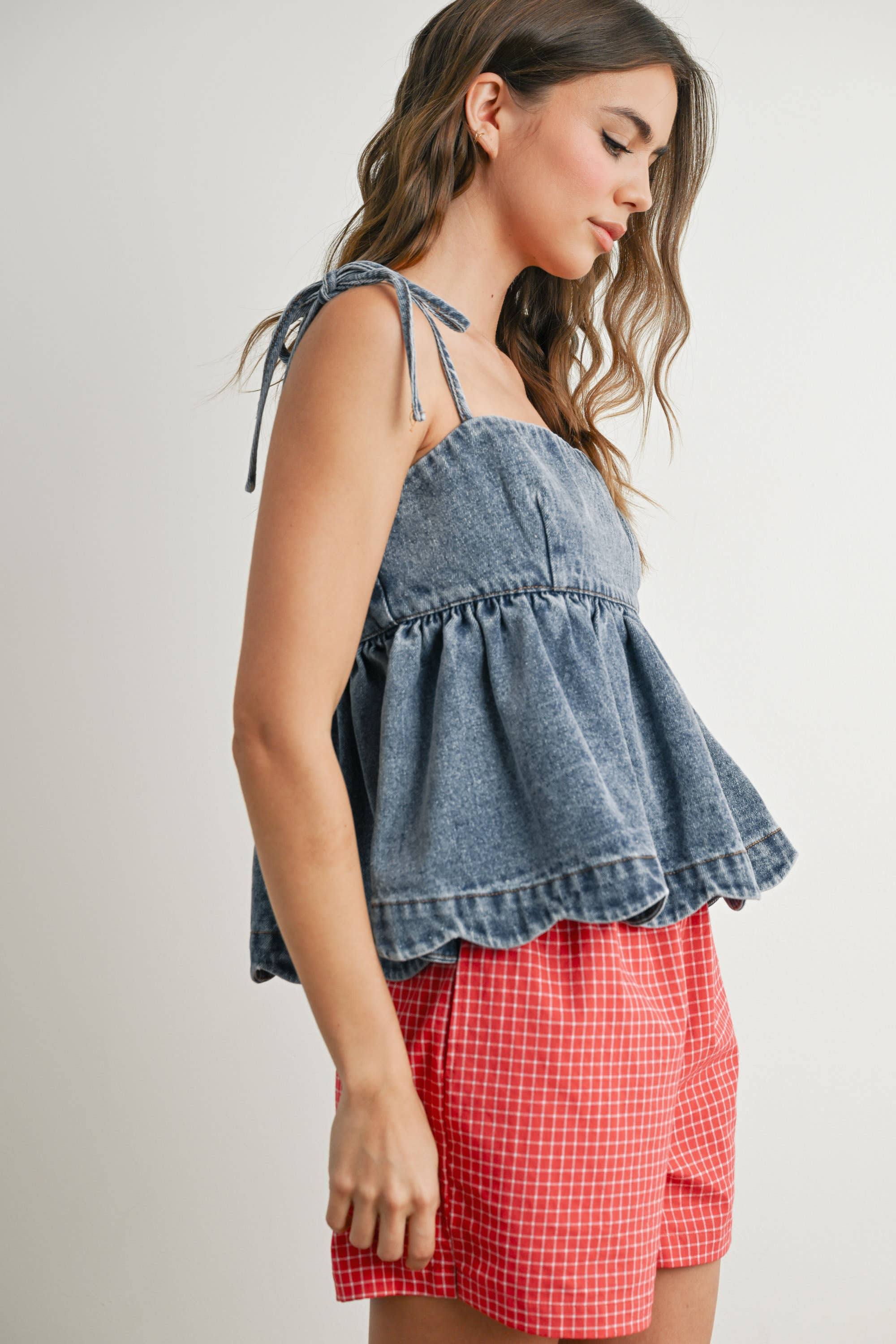 BUTTERMELON - Wholesale Blouse - Women's - Denim Tie-Strap Peplum Top - BMT7722 19