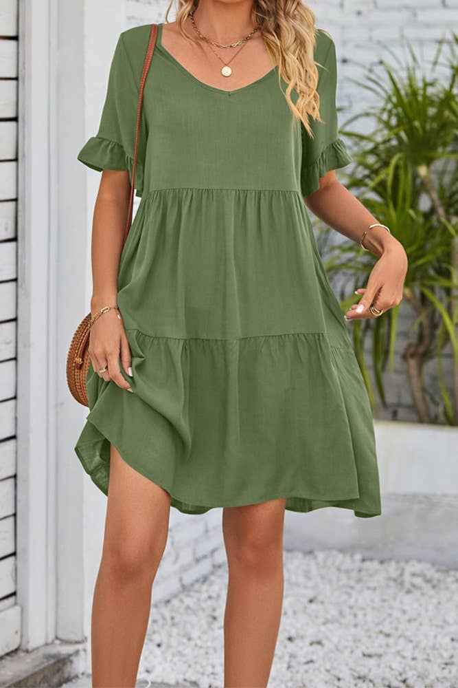 UNISHE - Vendita all'ingrosso Vestito - Donna - Abito A Balze Con Volant Con Scollo A V Semplice E Tasche MD03813