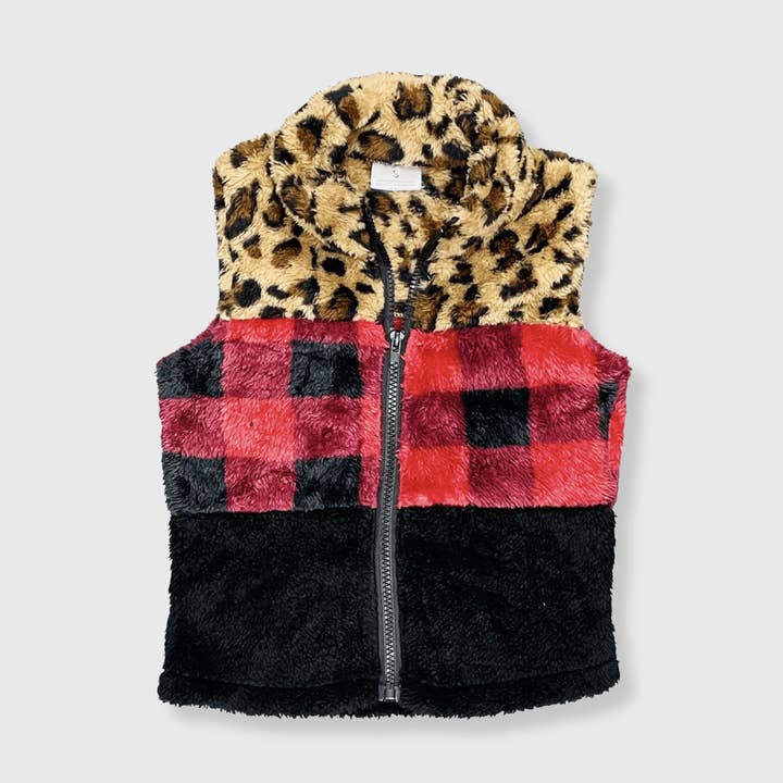 Sherpa Color Block Plaid Cheetah Vest Kids for wholesale by ILTEX Apparel