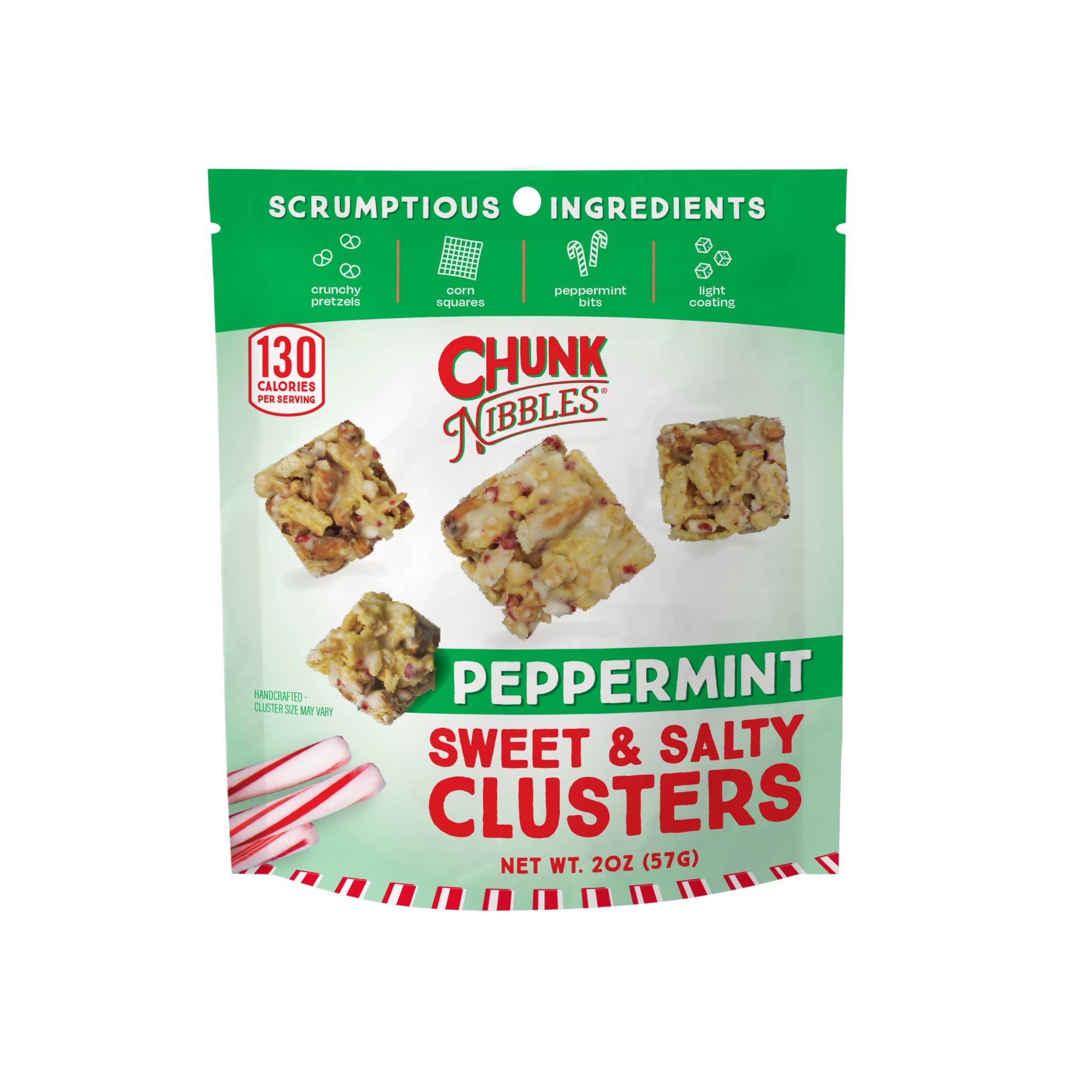 Chunk Nibbles – wholesale Pretzels – Holiday Peppermint Chunk Nibbles 2oz Snack Pack