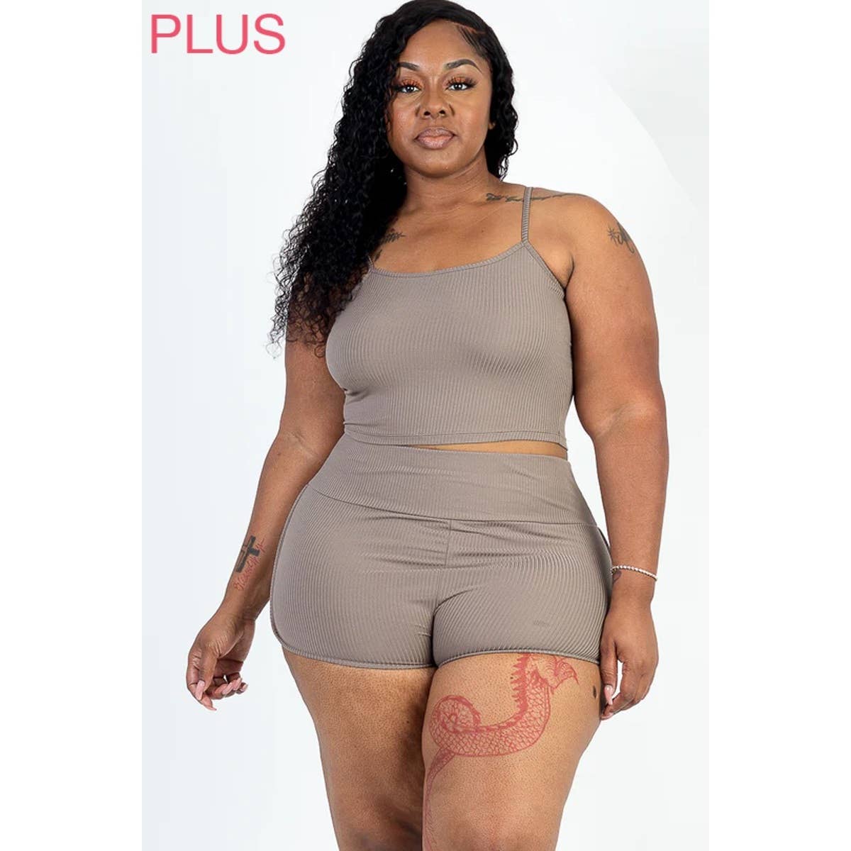 Timeless - Wholesale Lounge Set - Women's - Plus Size Ribbed Cami Crop Top and Ruched Shorts Set10
