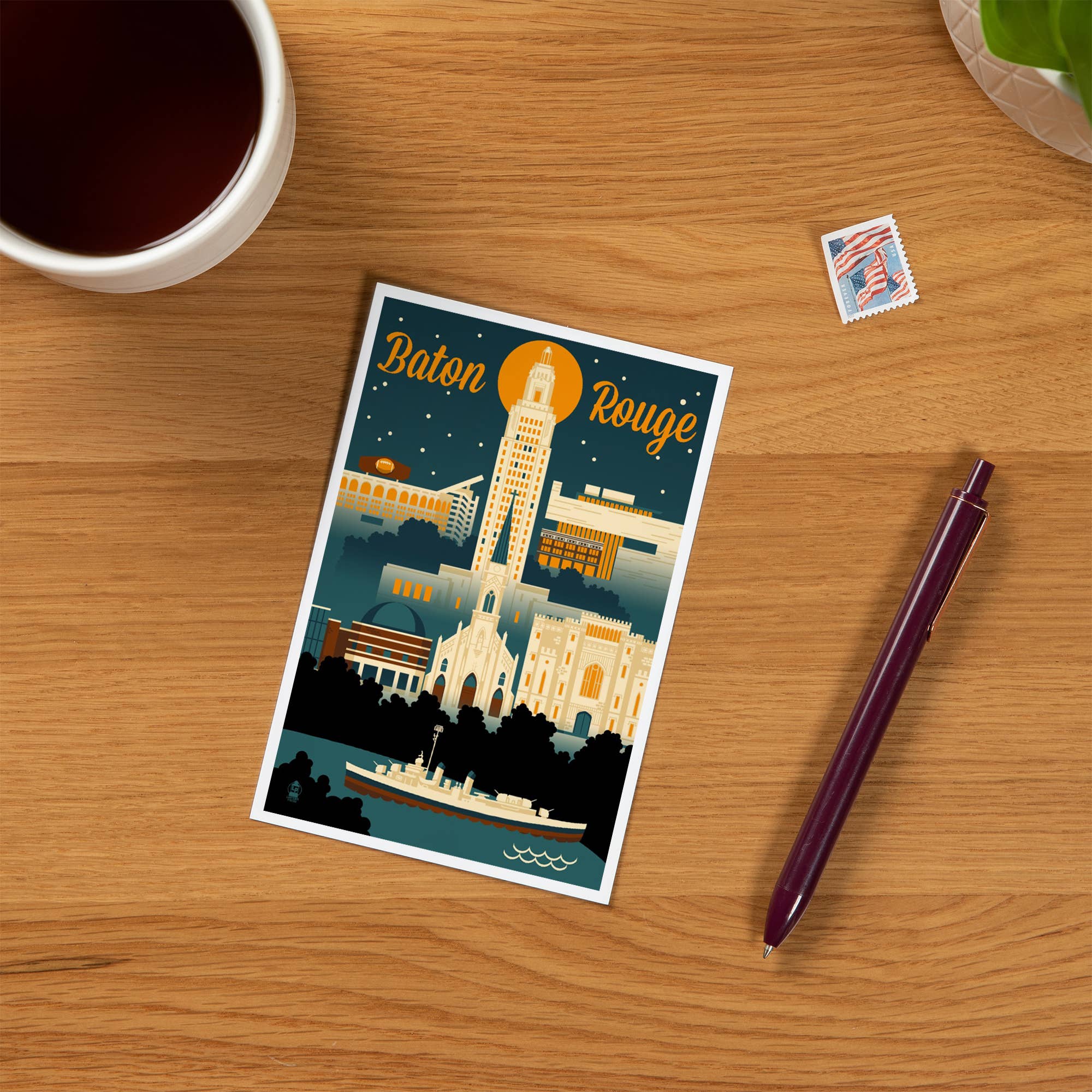 Lantern Press – wholesale Postcard – PREMIUM POSTCARDS Baton Rouge, Louisiana, Retro Skyline1