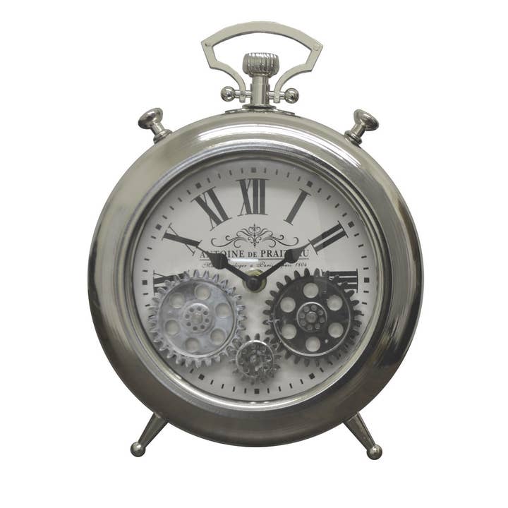 10 x 7 Silver Table Clock With Moving Gears for wholesale by Three Star IM/EX Inc.