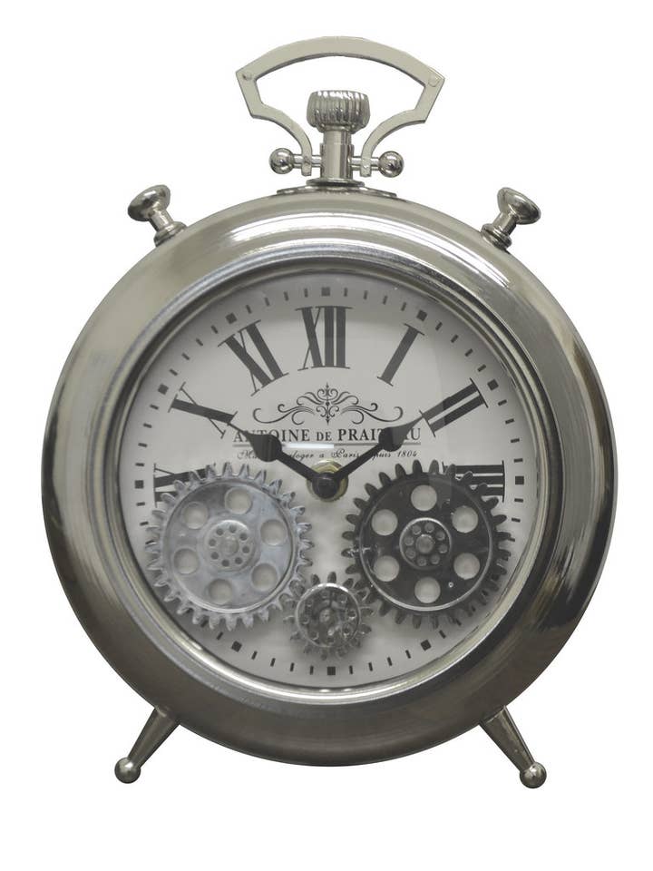 10 x 7 Silver Table Clock With Moving Gears for wholesale by Three Star IM/EX Inc.