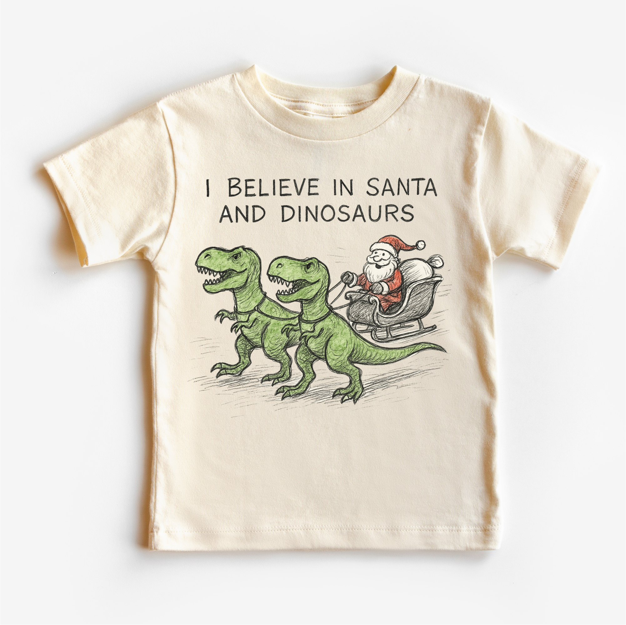 Madi Moosh - Wholesale Screen Printed T-Shirt - Kids - I Believe In Santa And Dinosaurs Christmas T-Shirt - Sketch Art Tee0