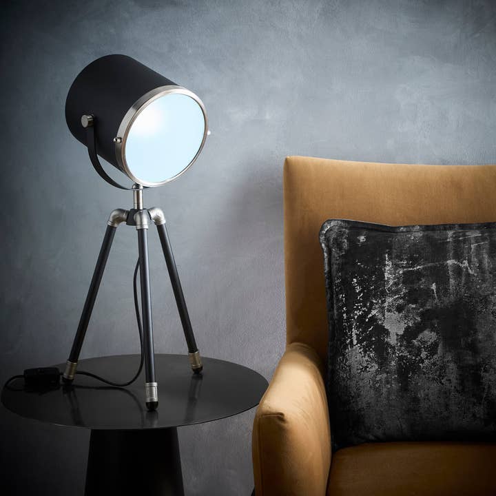 Black Tripod Table Lamp or Floor Lamp Projector style Spot light with a Diffuser Face and Satin Nickel Rim for wholesale by K LIVING