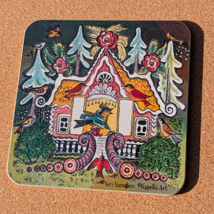 Little bird in boots in pretty house cork coaster for wholesale by Kapelki Art