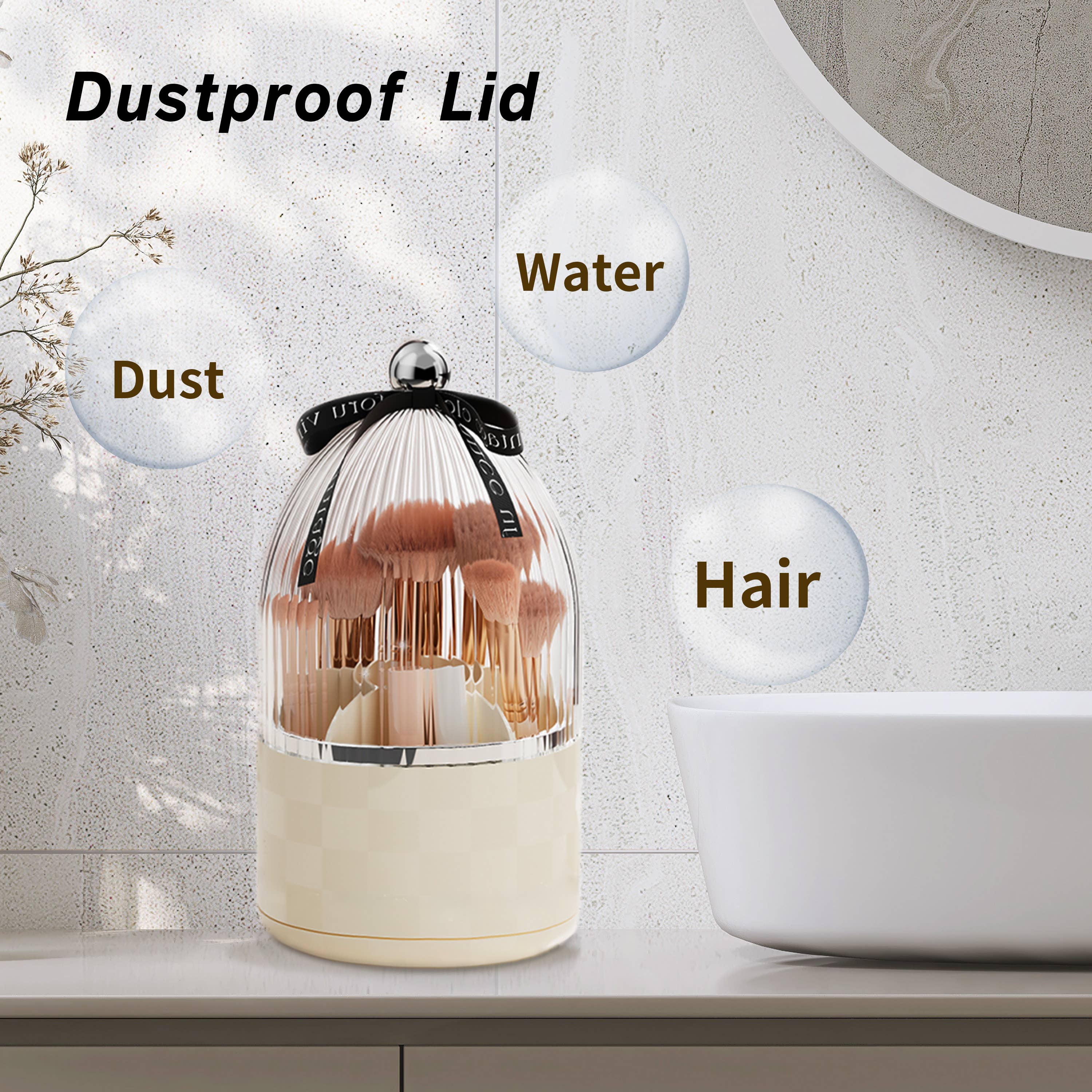LivingTaste Home Inc - Wholesale Makeup Storage Box - Makeup Brush Holder with Lid, 360° Rotating in Beige White2