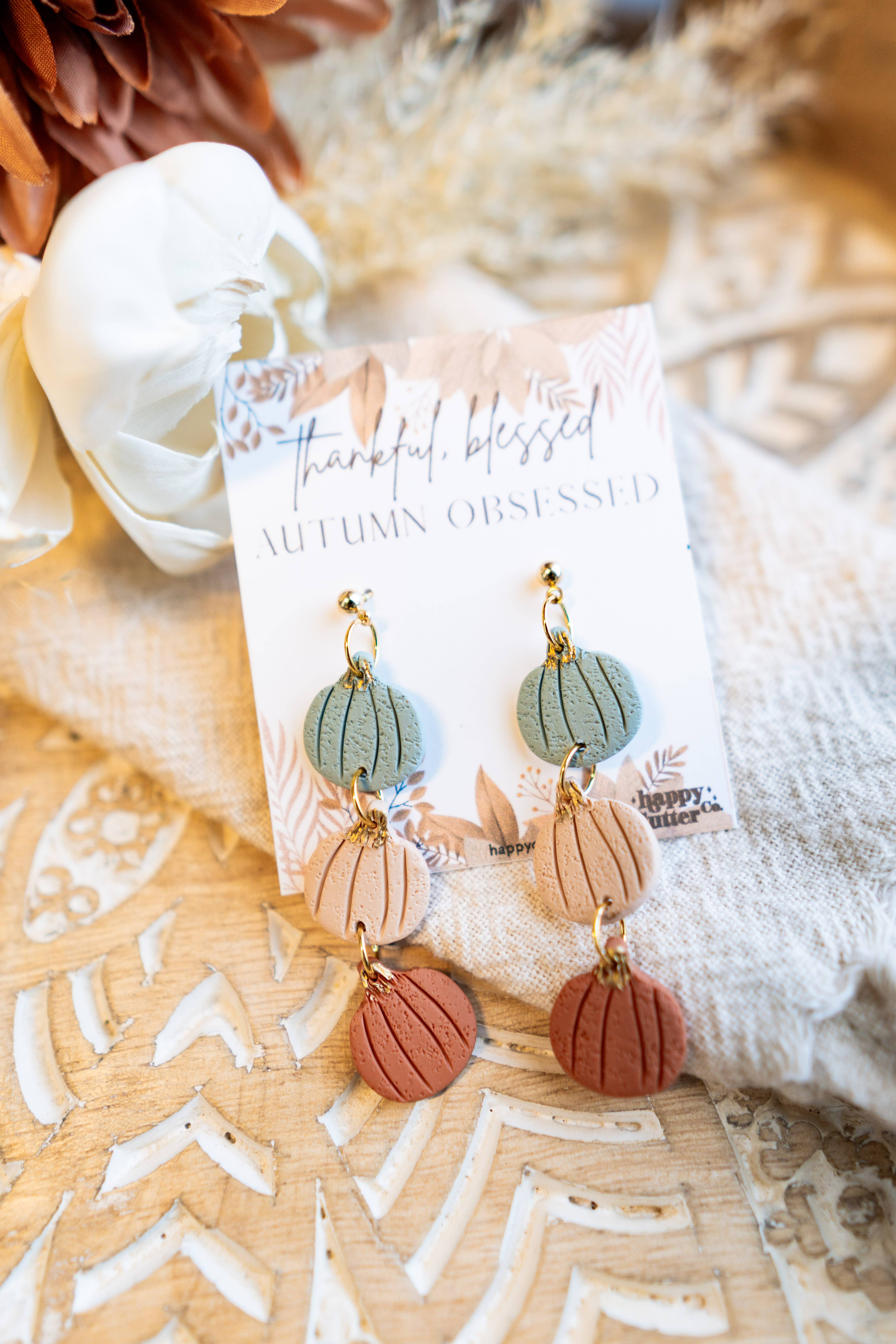 Happy Cutter Co - Wholesale Dangle Earrings - Pumpkin Dangle Earrings | Triple Pumpkin Fall Clay Earrings1