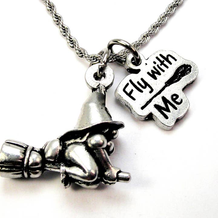 Collier à breloques Chubby Witch sur un balai, nain, Fly with me pour la vente par Chubby Chico Charms