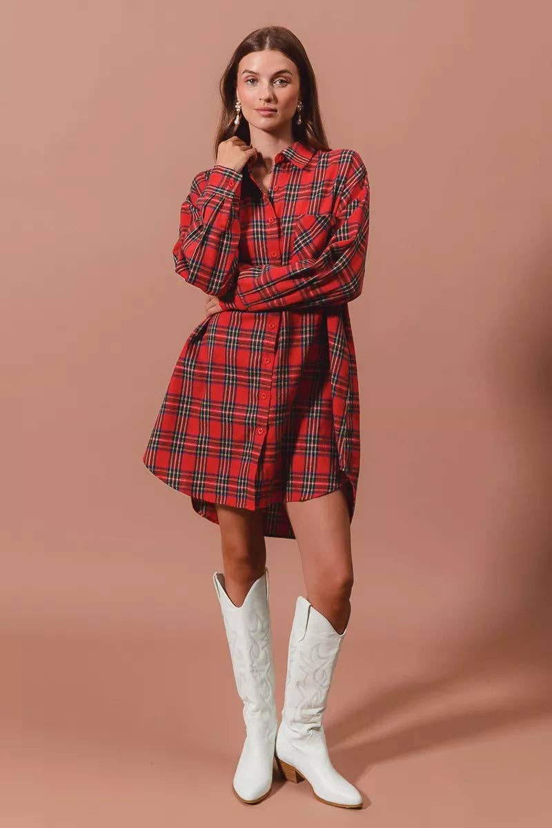 RED MULTI SO ME Christmas Checker Plaid Button Up Shirt Dress for wholesale on Faire2