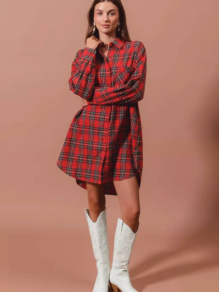 RED MULTI SO ME Christmas Checker Plaid Button Up Shirt Dress for wholesale on Faire2