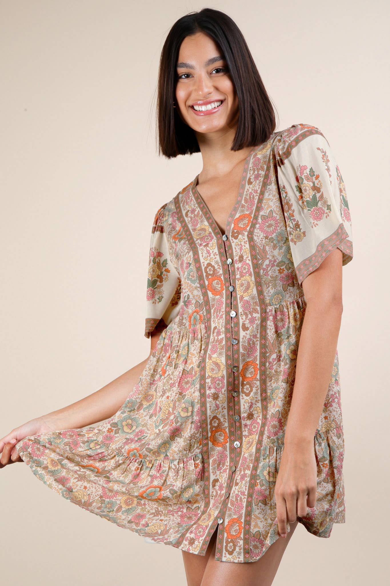 VERY J - Wholesale Dress - Women's - ND31637-Shirring Detail Printed Woven Mini Dress1