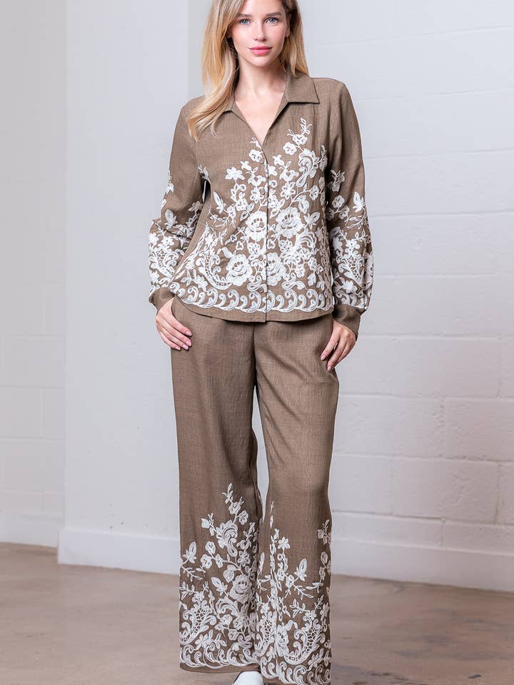 Taelynn - Wholesale Pants - Women's - HP35290T-BOARDER EMBO LONG WIDE PANTS WITH BACK BANDING4