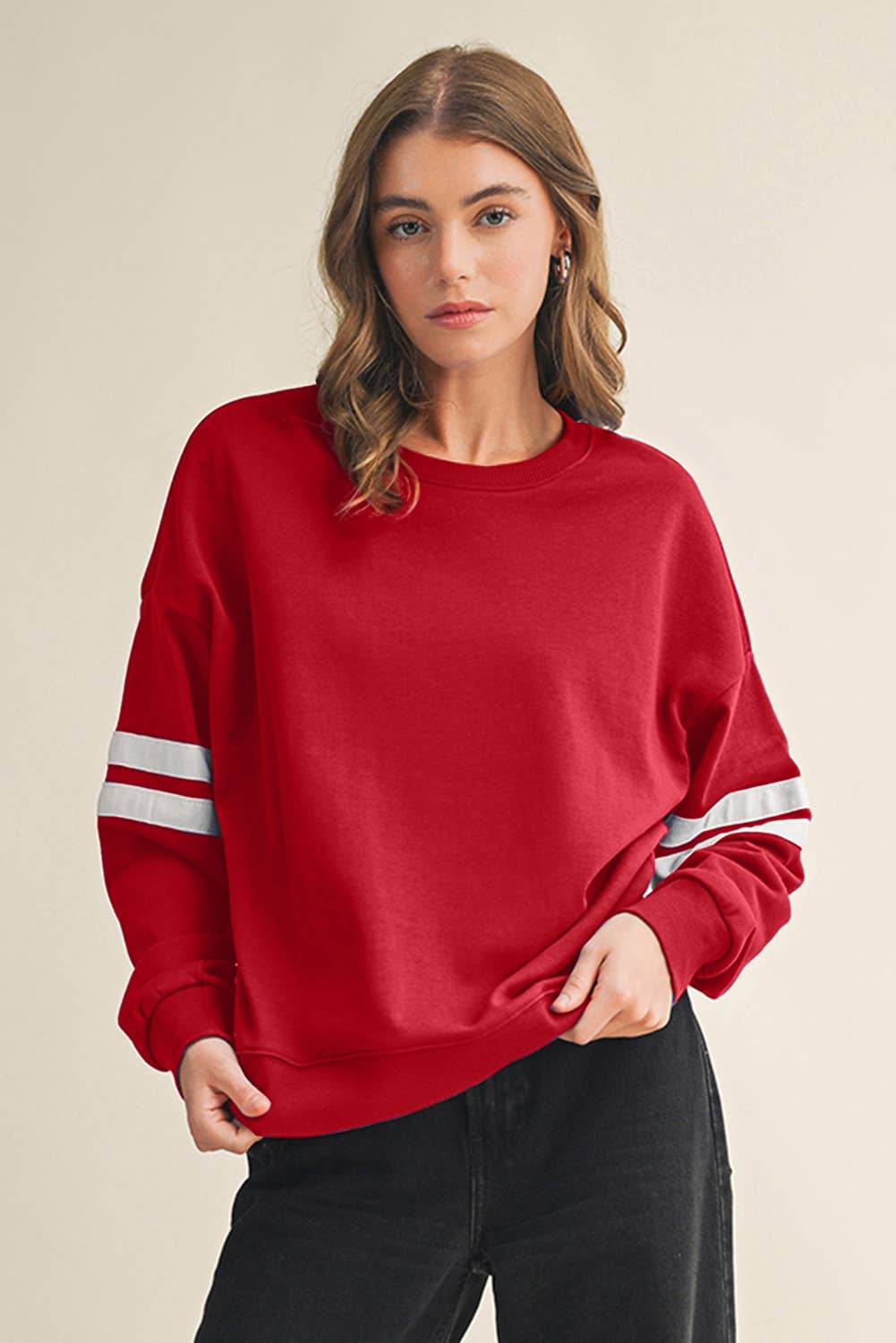 Aapparella - Wholesale Shirt - Women's - Striped Detail Drop Shoulder Oversized Sweatshirt | S-XL35