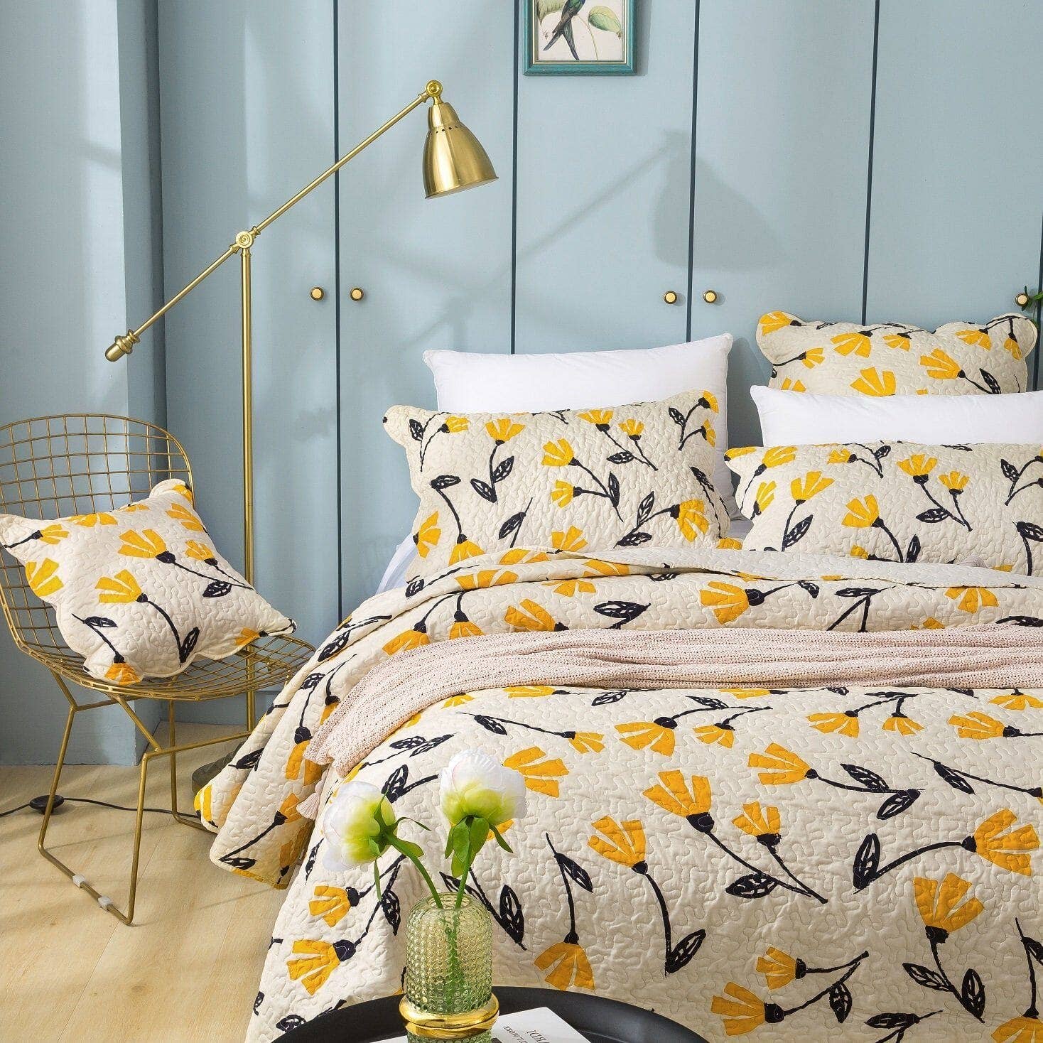 DaDalogy Bedding - Wholesale Bedding Set - DaDa Bedding Yellow Fleur Floral Golden Orange Ivory Cream Scalloped Bedspread Set (18112)2