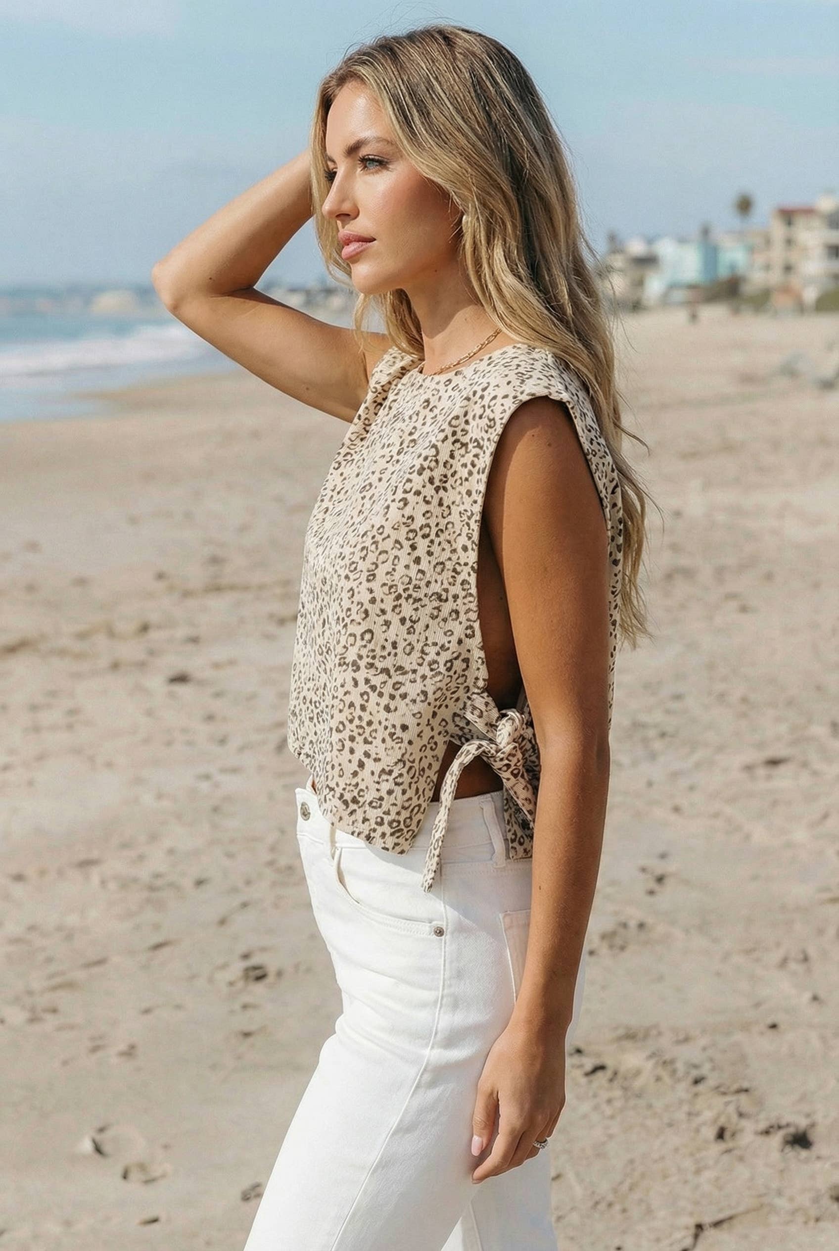 Apricot Western Leopard Print Knot Side Twill Vest for wholesale on Faire2