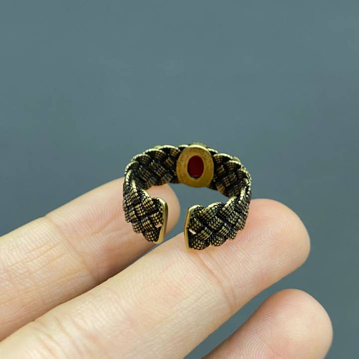 Mio Queena - Wholesale Cocktail/Statement Ring - Vintage Red Agate Enamel Flower Bronze Adjustable Ring3
