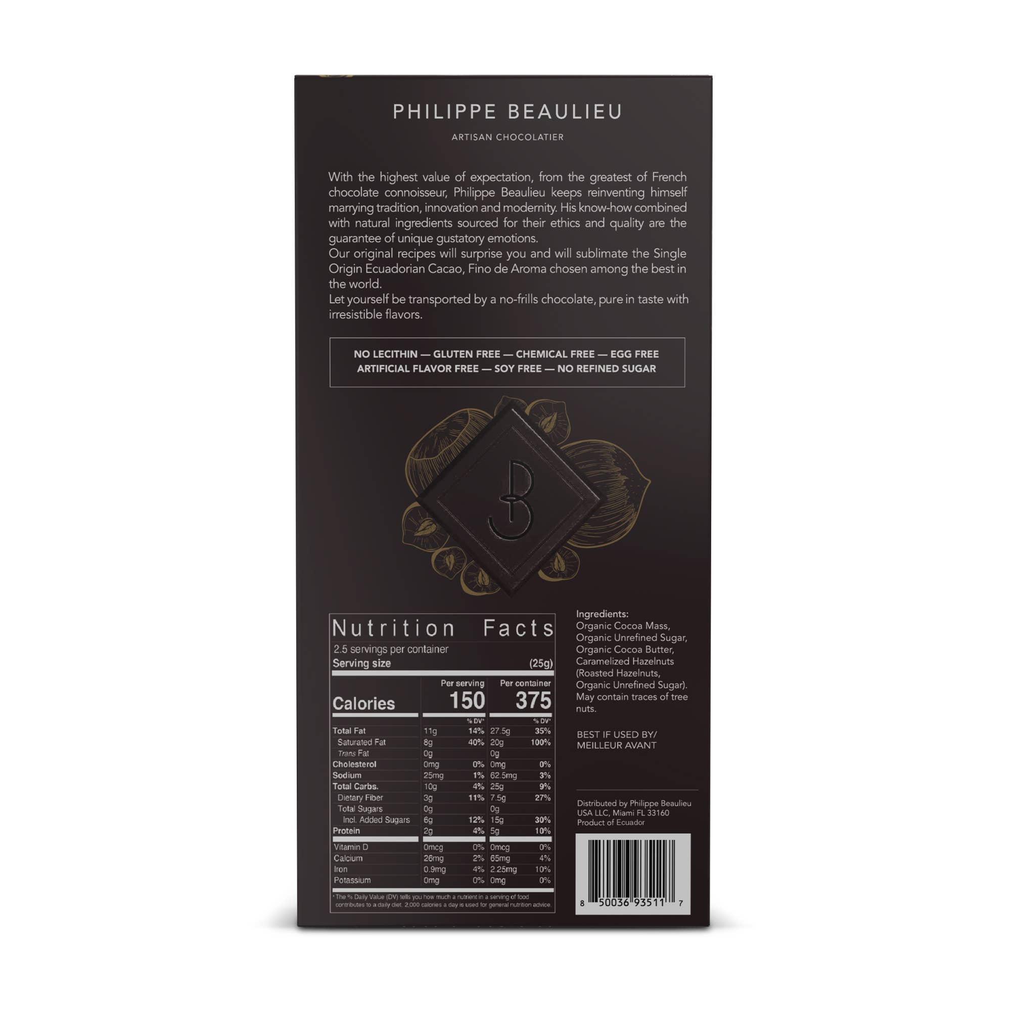 Philippe Beaulieu Artisan Chocolatier - Wholesale Chocolate Bar - Chocolate Bar - 70% Dark Caramelized Hazelnuts2