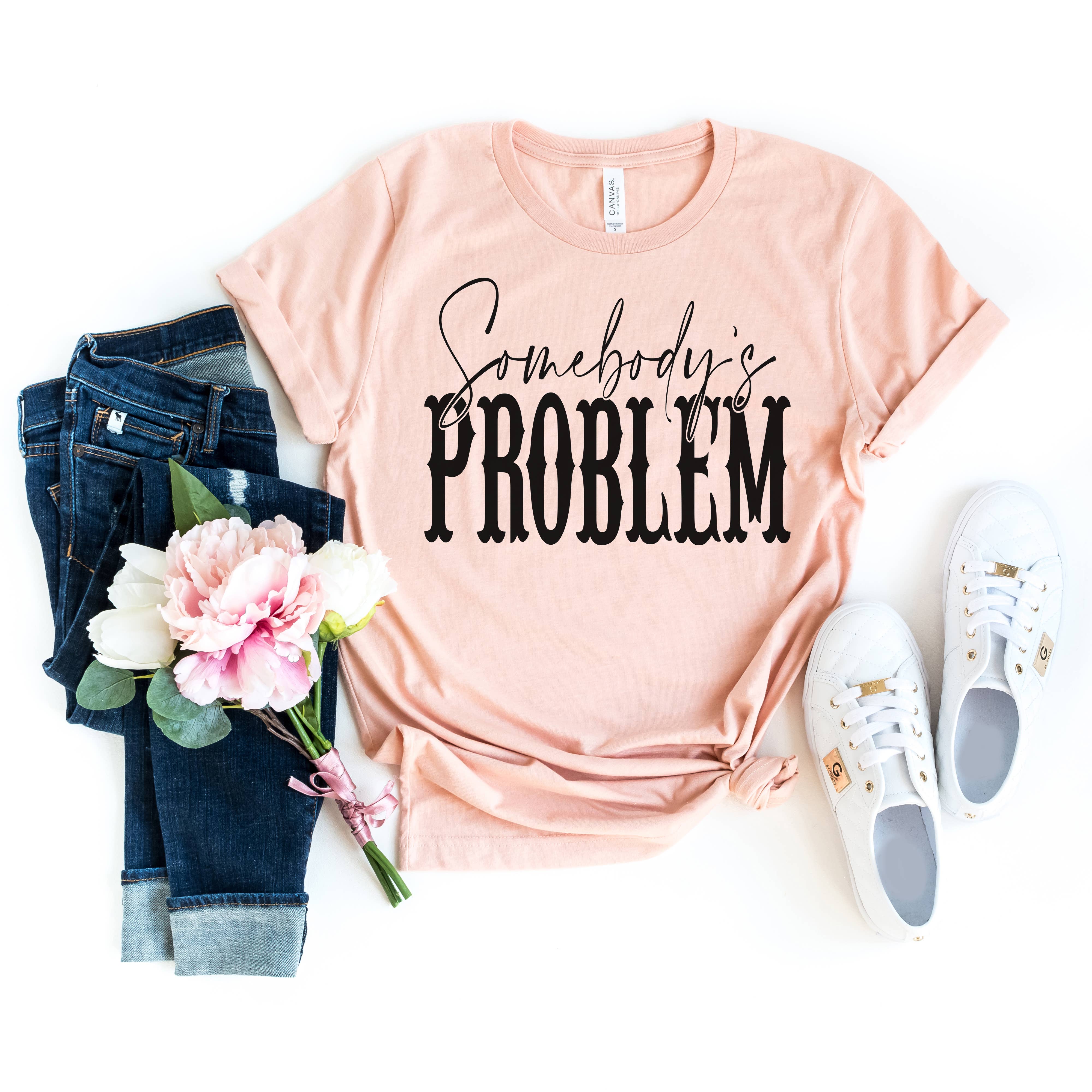 Simply Tees - Wholesale Screen Printed T-Shirt - Women's - Somebody's Problem Peach Tee Black Ink0