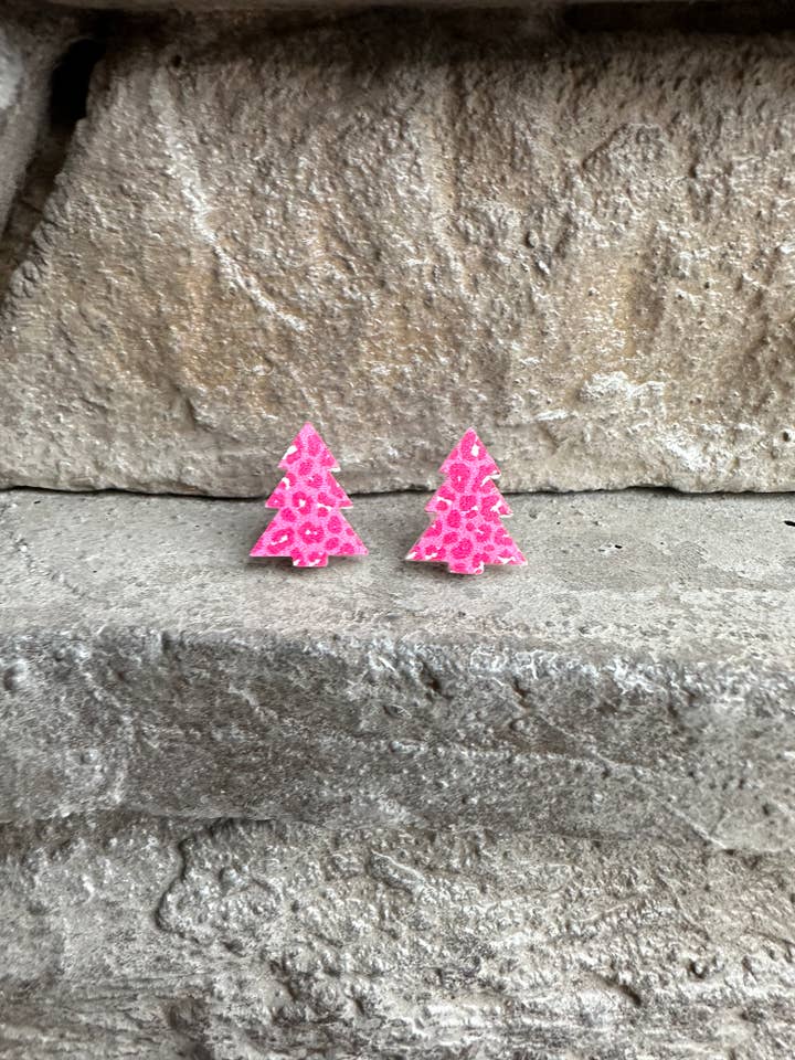 Pink Leopard Print Christmas Tree Stud, Christmas Earrings for wholesale by Laser & Color Designs LLC