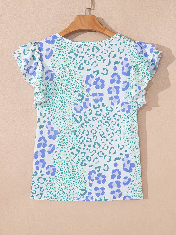 Blue Leopard Layered Ruffle Short Sleeve Casual Blouse for wholesale on Faire