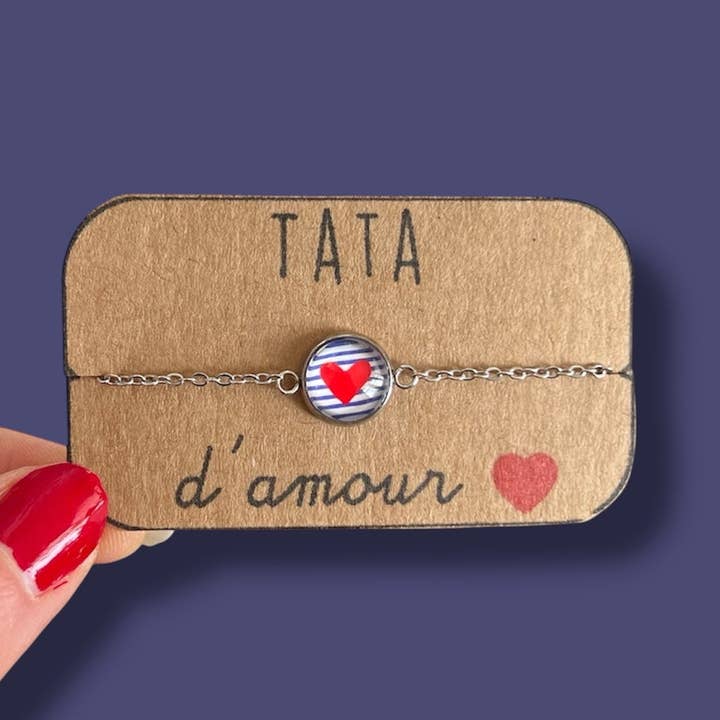 Pulseira Coração Vermelho riscas azuis, acabamento dourado ou prateado por atacado de Dans l'Air du Temps Bijoux