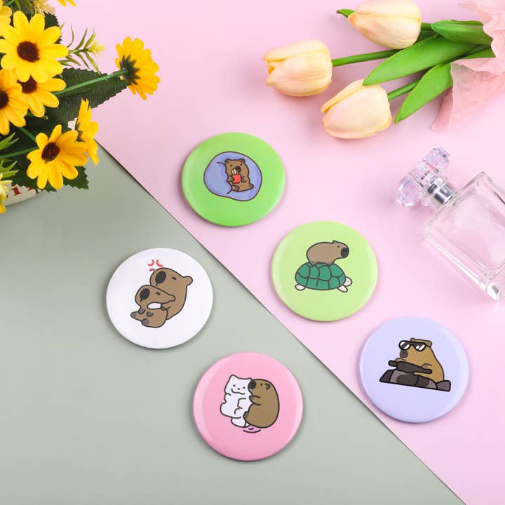 CapyFun - Wholesale Compact Mirror - Cute Capybara Mini Round Mirror Set - 5 Various Designs