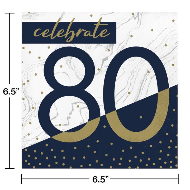 Bulk Party Decor - Wholesale Disposable Napkin - Navy and Gold 80th Birthday Luncheon Napkins, 16/Pkg