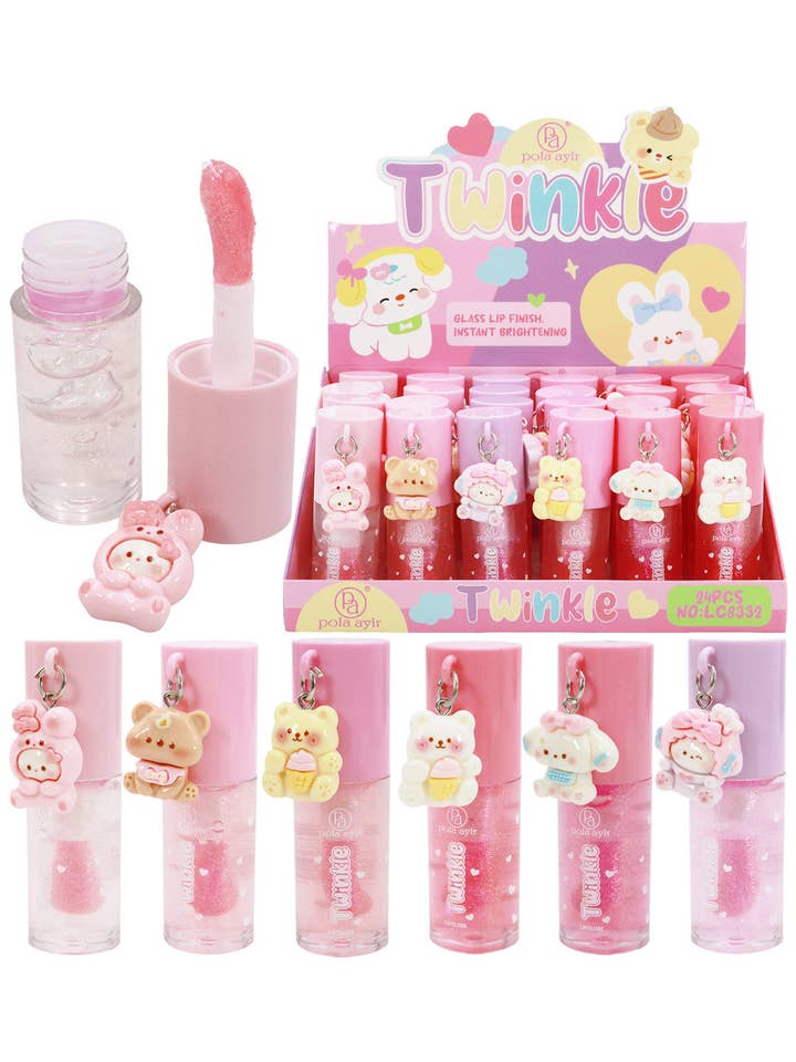 Kawaii Animal Charm Shimmery Lip Gloss - 24 Pcs for wholesale by Cap Zone
