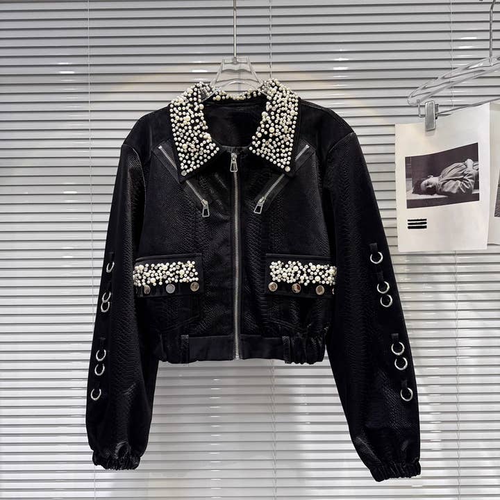 JK194Y Autumn faux leather snakeskin pearl rhinestone short for wholesale by Productseeker