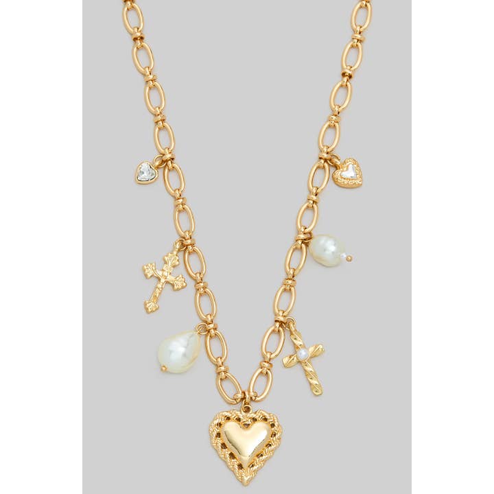 Gold Clear HEART PENDANT STATEMENT CHAIN NECKLACE for wholesale on Faire