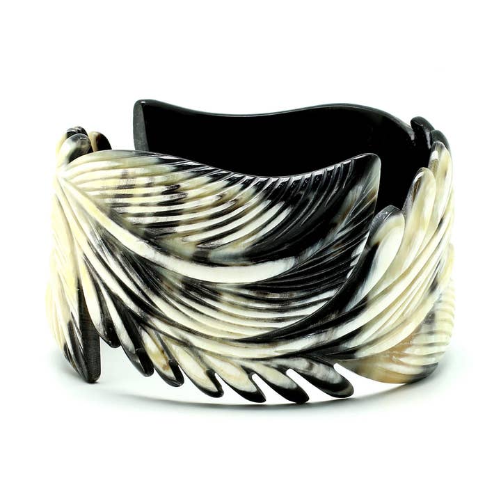 Genuine Black Horn-White Veins Feather Carved Bangle for wholesale by VIVO