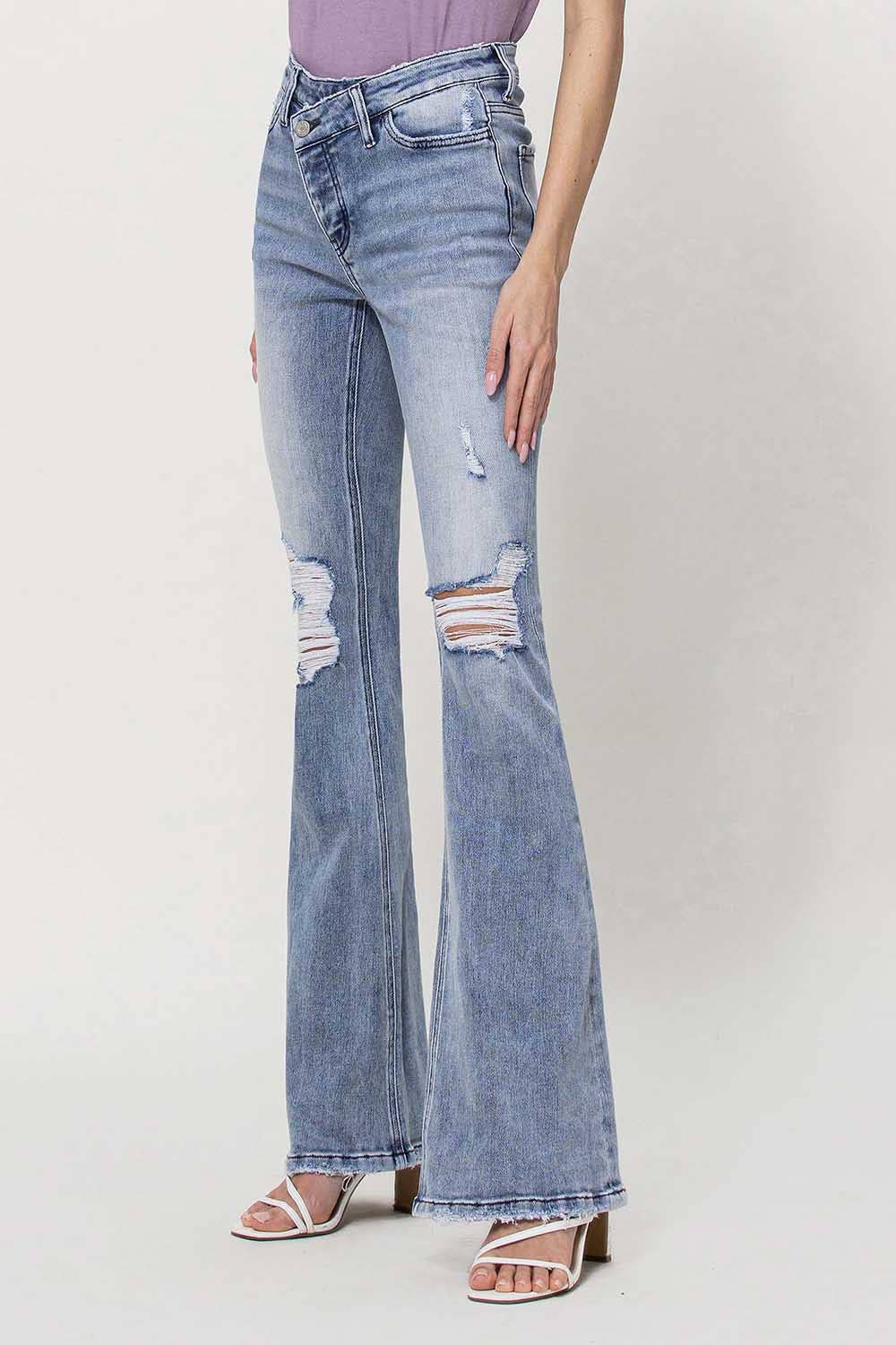 DANNY HIGH RISE CRISS CROSS BUTTON UP FLARE JEANS V3032 for wholesale on Faire7