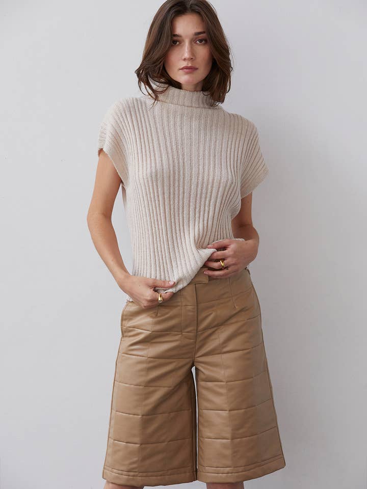 BEIGE CP8184 - Amanda Vegan Pu Leather Bermuda Quilted Shorts for wholesale on Faire5