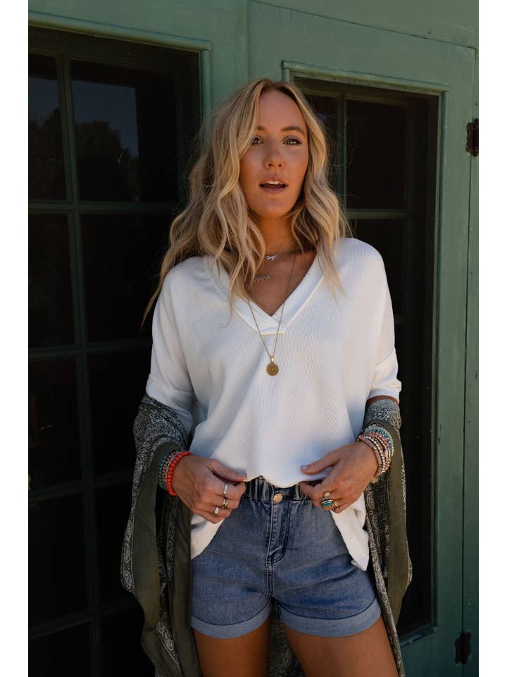 Three Bird Nest - Wholesale Knit Top - Women's - On The Go V Neck Ribbed Essential Tee - Off White5