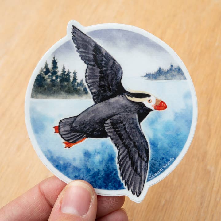 Tufted Puffin Flying 3" Vinyl Sticker Waterproof for wholesale by Laurel Mundy Illustration