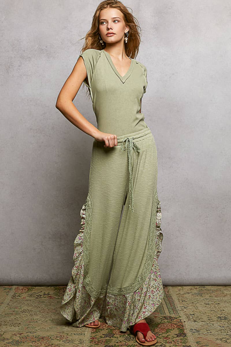 Pol Clothing - Wholesale Pants - Women's - Floral Pattern Ruffle Detail Ribbed Knit Pants16