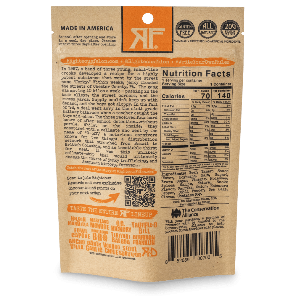 Righteous Felon Craft Jerky - Vente Viande séchée - Bœuf séché Habanero Escobar 2oz5