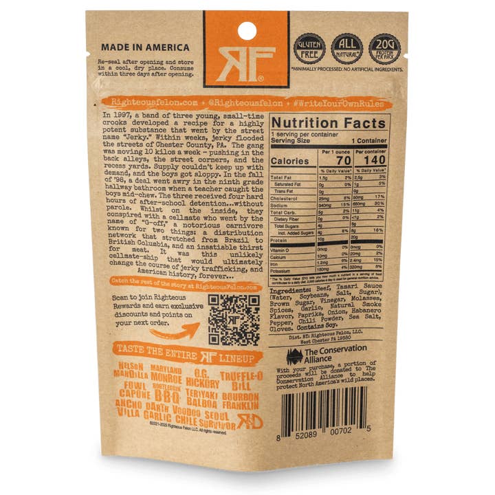 Righteous Felon Craft Jerky - Vente Viande séchée - Bœuf séché Habanero Escobar 2oz5