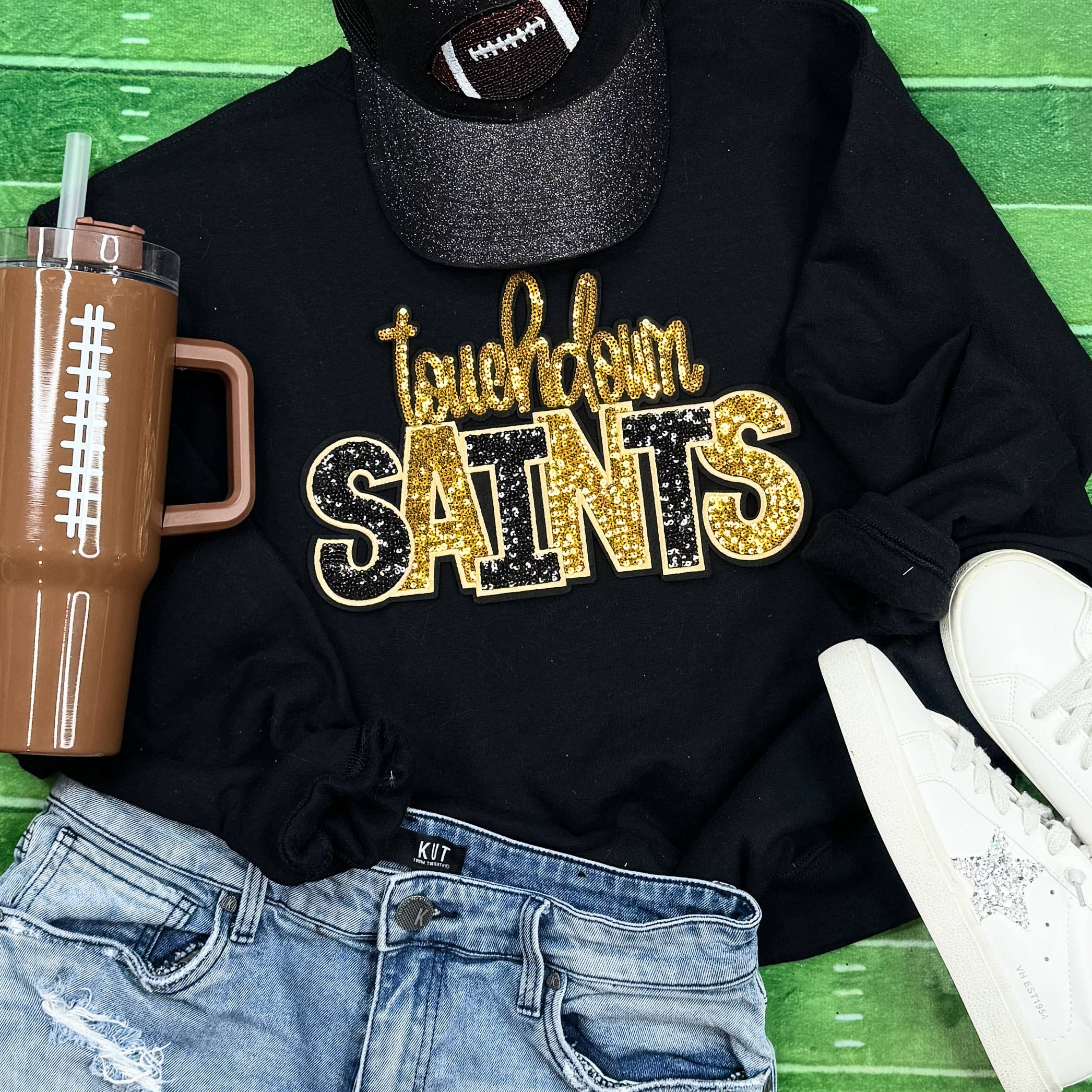Trendy Tee Co. - Wholesale Graphic Sweatshirt - Unisex - Touchdown Saints Sequin Patch Black Crewneck Sweatshirt