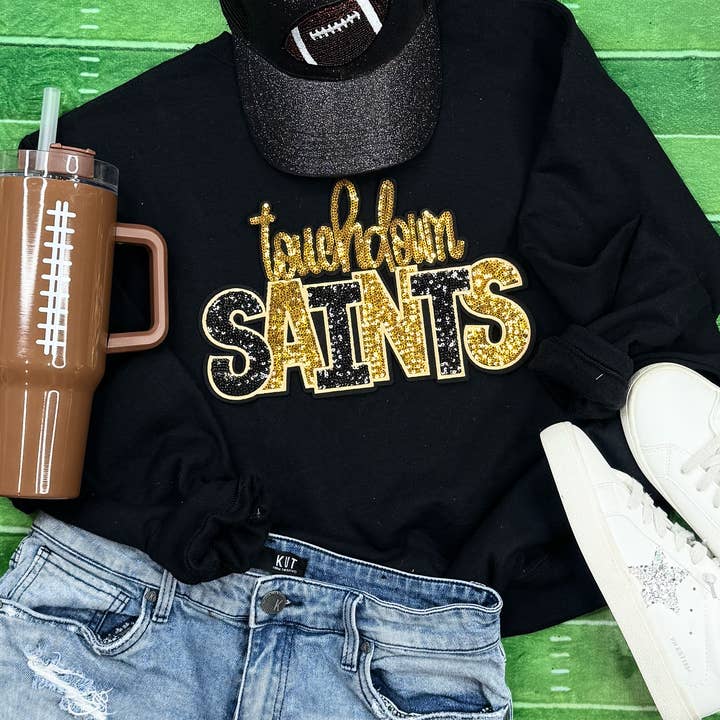 Touchdown Saints Sequin Patch Black Crewneck Sweatshirt for wholesale by Trendy Tee Co.