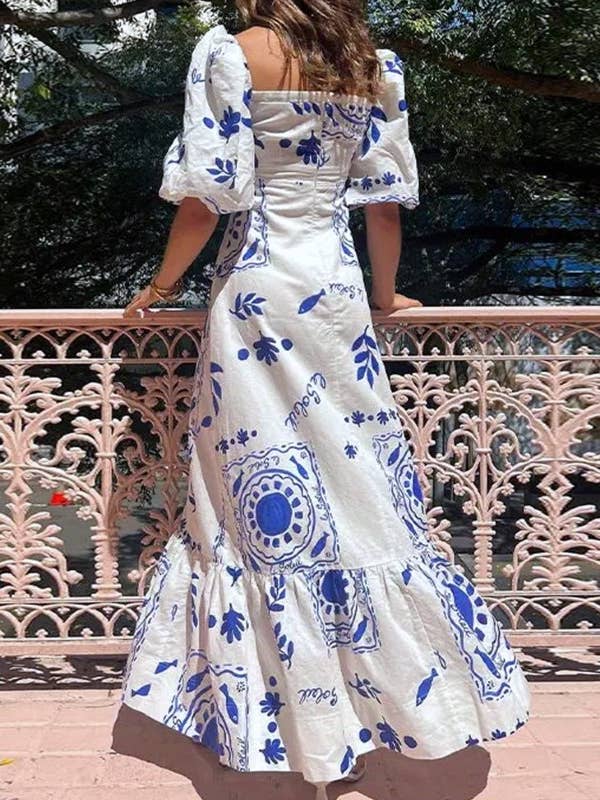 Rosa Clothing - Wholesale Dress - Women's - Unique Print Square Neck Bubble Sleeve Dress