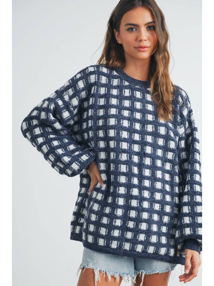 BUTTERMELON - Wholesale Knit Sweater - Women's - Checkered Oversized Sweater - BMW74195