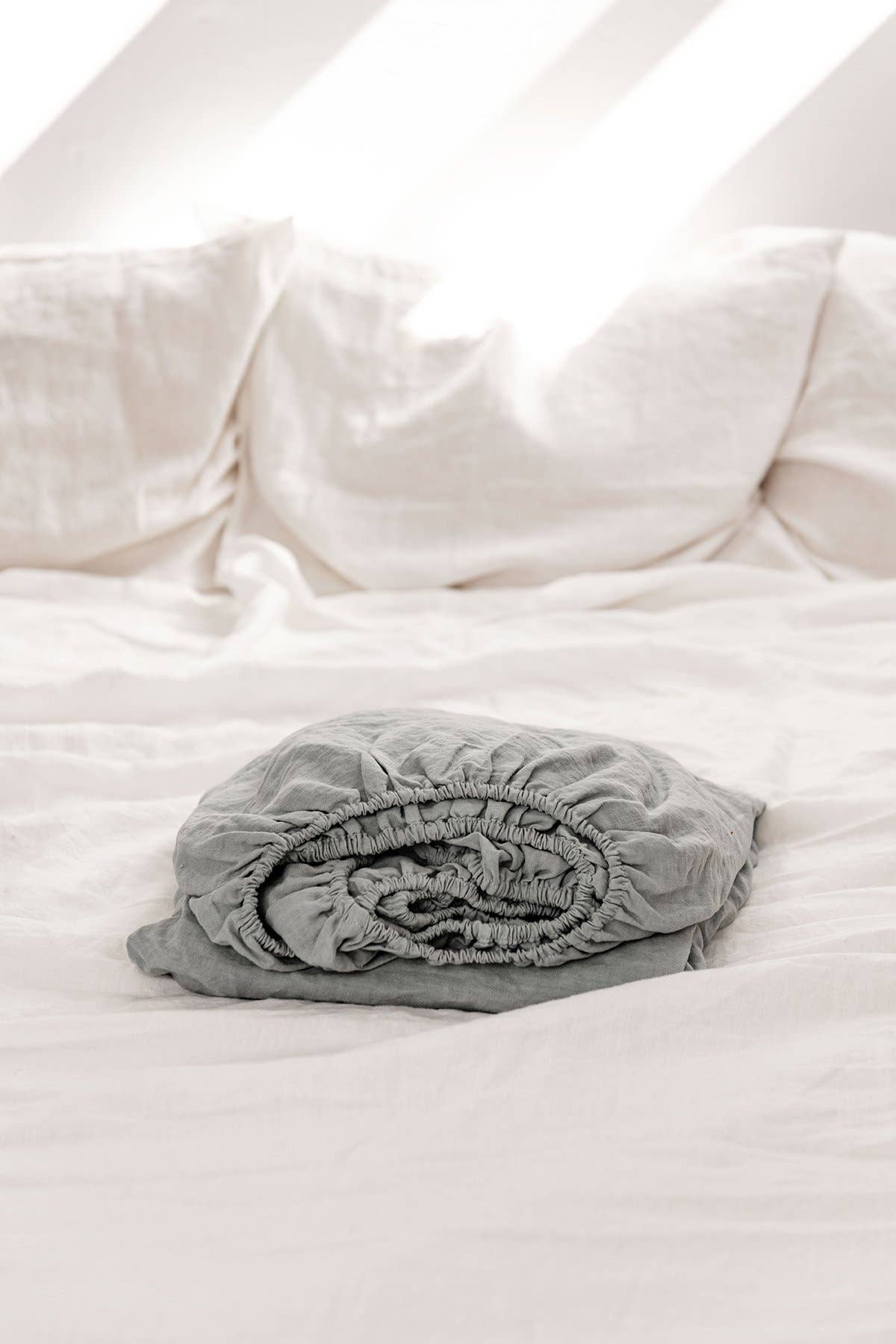 Linen fitted sheet in Sage Green for wholesale on Faire0