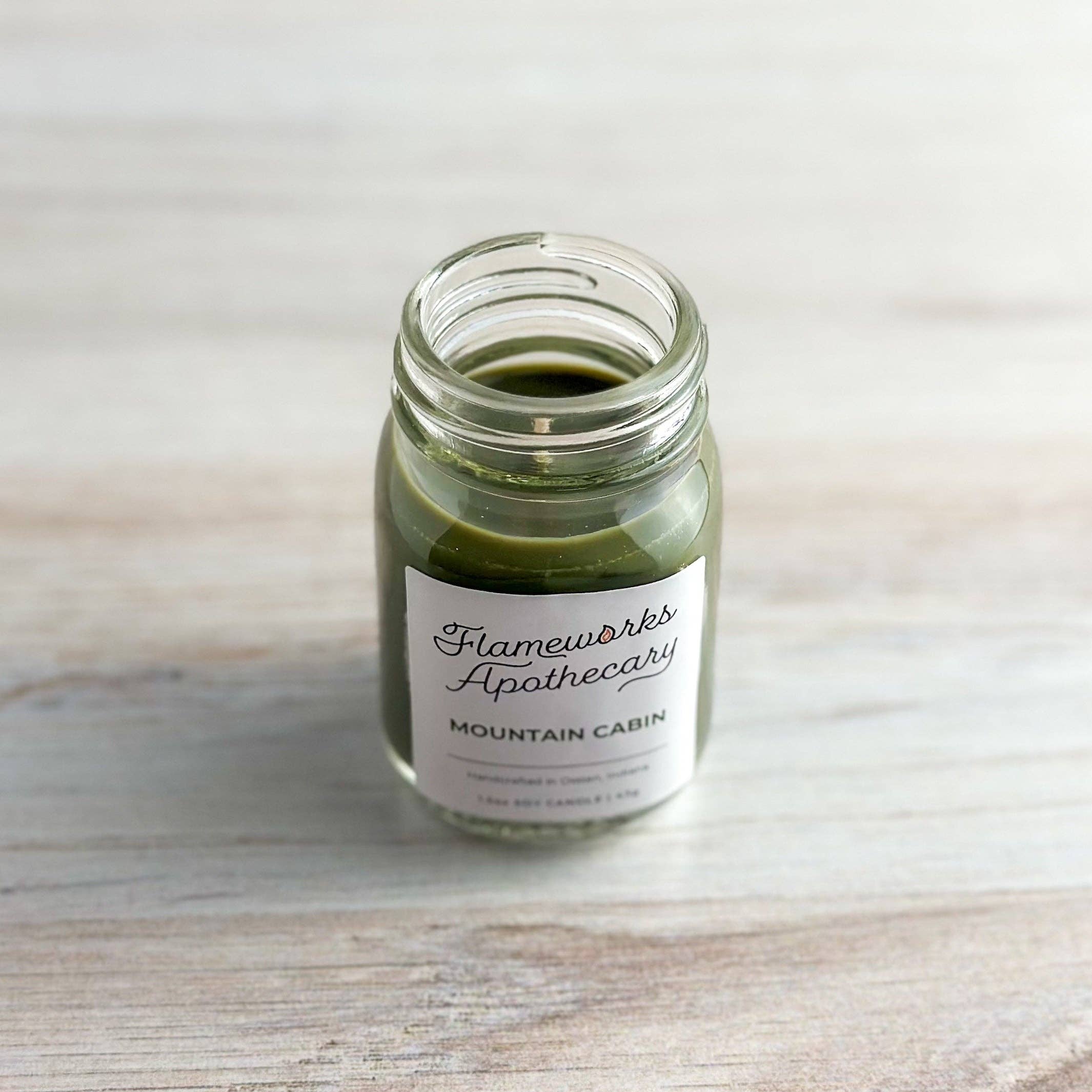 Flameworks Apothecary – wholesale Jar/filled candle – Mountain Cabin 1.5 oz Mini Mason Jar Candle1