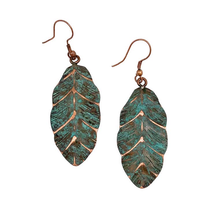 Copper Patina Earrings - Teal Leaf for wholesale by Anju Jewelry