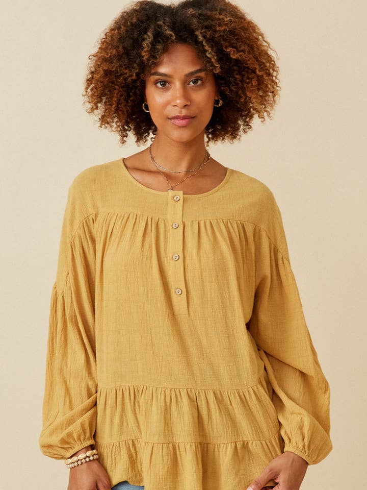 Womens Tiered Long Sleeve Textured Henley Top for wholesale by Hayden LA