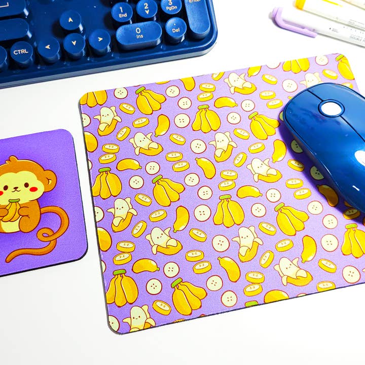 Ensemble de tapis de souris et sous-verres "Singe et Banane" pour la vente par FunUsual Suspects