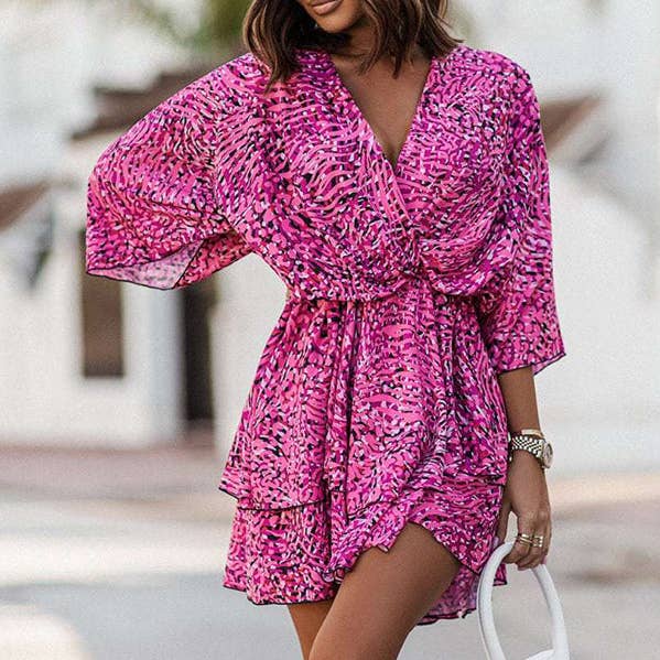 A-Line High Waisted Double Layered Elasticity Printed V-Neck Mini Dresses for wholesale by UZ Wholesale Store